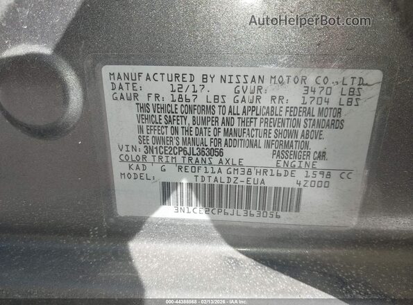 3N1CE2CP6JL363056 2018 NISSAN VERSA NOTE Серый Вид подкапотного пространства