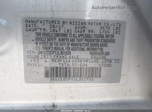 3N1CE2CP7JL351935 2018 NISSAN VERSA NOTE Серебряный Вид подкапотного пространства