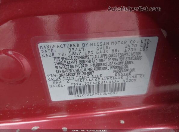 3N1CE2CP7KL364007 2019 NISSAN VERSA NOTE Красный Вид подкапотного пространства