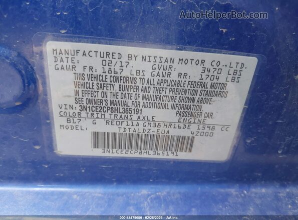 3N1CE2CP8HL365191 2017 NISSAN VERSA NOTE Синий Вид подкапотного пространства