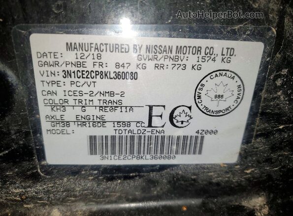 3N1CE2CP8KL360080 2019 NISSAN VERSA Black VIN კოდის სტიკერის ხედი