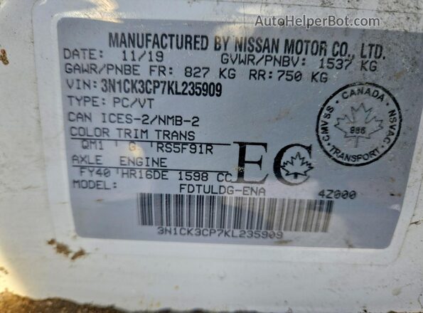 3N1CK3CP7KL235909 2019 NISSAN MICRA Белый Вид подкапотного пространства