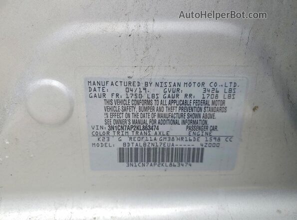 3N1CN7AP2KL863474 2019 NISSAN VERSA Silver Widok naklejki z numerem VIN
