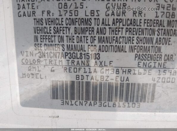 3N1CN7AP3GL815103 2016 NISSAN VERSA White Vista del compartimento del motor