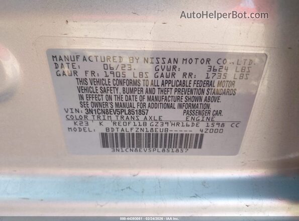 3N1CN8EV5PL851857 2023 NISSAN VERSA Серебряный Вид подкапотного пространства