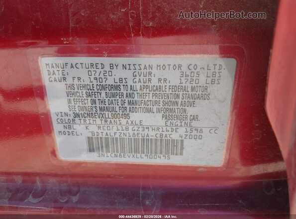 3N1CN8EVXLL900495 2020 NISSAN VERSA Темно-бордовый Вид подкапотного пространства