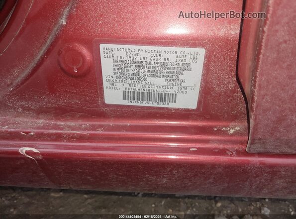 3N1CN8FV5LL902380 2020 NISSAN VERSA Красный Вид подкапотного пространства