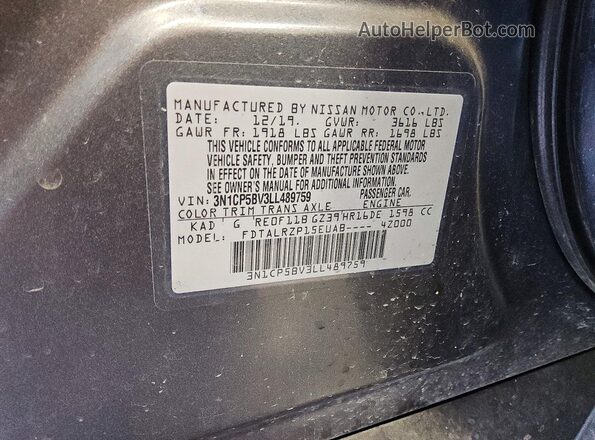 3N1CP5BV3LL489759 2020 NISSAN KICKS Серый Вид наклейки с VIN-кодом