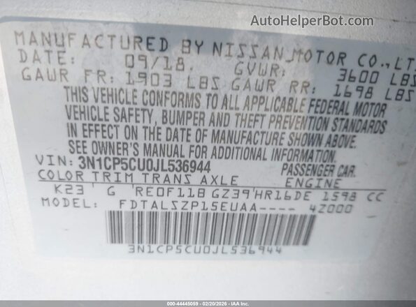 3N1CP5CU0JL536944 2018 NISSAN KICKS Silver Widok komory silnika