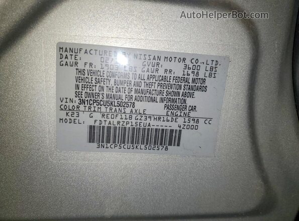 3N1CP5CU5KL502578 2019 NISSAN KICKS Silver Widok naklejki z numerem VIN