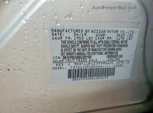 3N1CP5CU5KL522152 2019 NISSAN KICKS Silver VIN sticker view