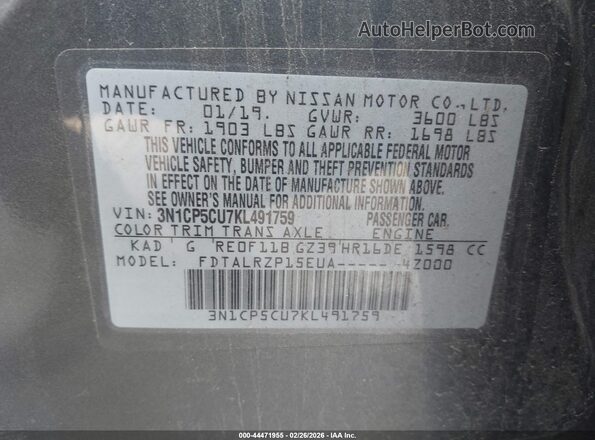 3N1CP5CU7KL491759 2019 NISSAN KICKS Gray Engine compartment view