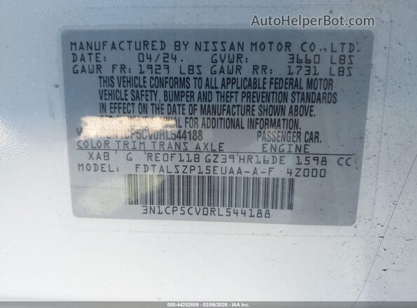 3N1CP5CV0RL544188 2024 NISSAN KICKS White Vista del compartimento del motor