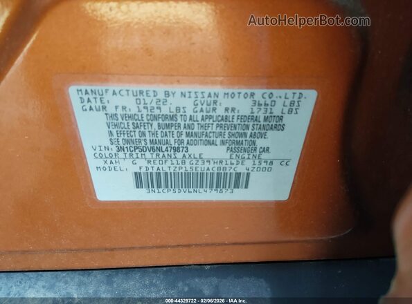 3N1CP5DV6NL479873 2022 NISSAN KICKS Оранжевый Вид подкапотного пространства