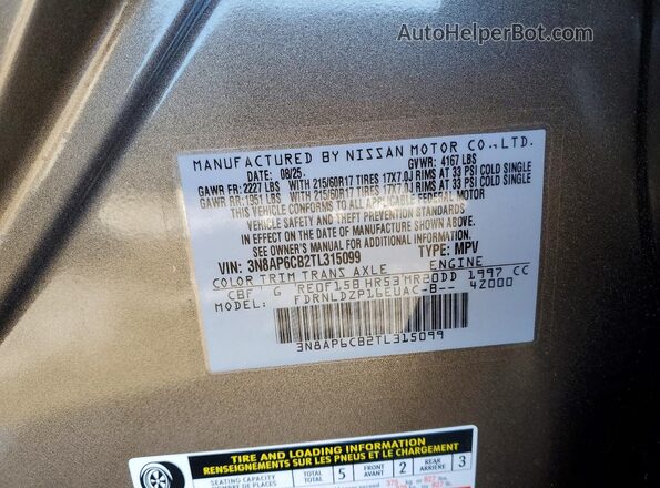 3N8AP6CB2TL315099 2026 NISSAN KICKS Tan Vista de la etiqueta del VIN