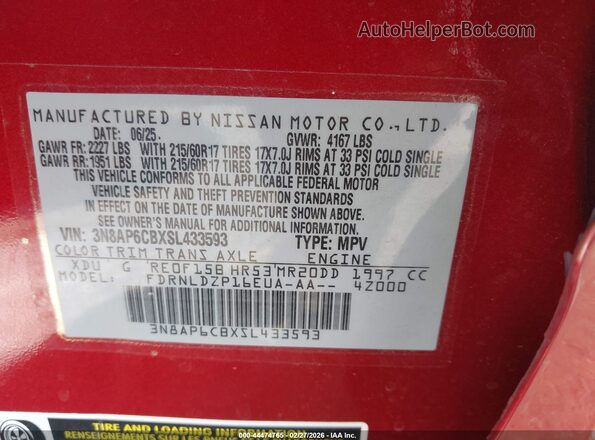 3N8AP6CBXSL433593 2025 NISSAN KICKS Maroon VIN კოდის სტიკერის ხედი