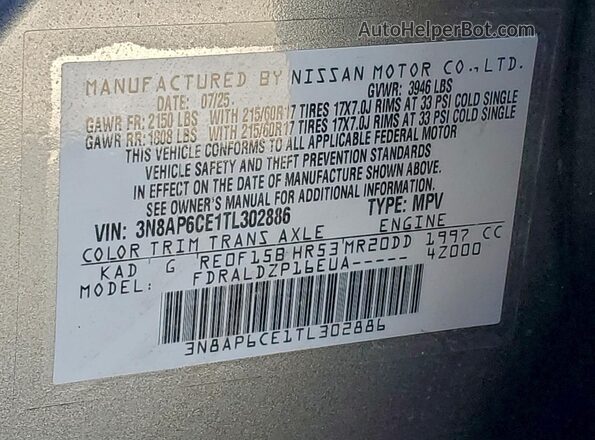 3N8AP6CE1TL302886 2026 NISSAN KICKS Charcoal Vista de la etiqueta del VIN