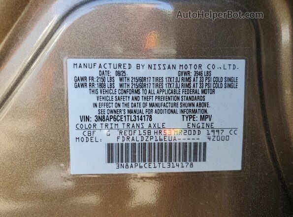 3N8AP6CE1TL314178 2026 NISSAN KICKS Tan Vista de la etiqueta del VIN