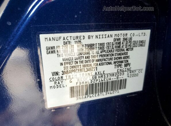 3N8AP6CE8TL346271 2026 NISSAN KICKS Blue Widok naklejki z numerem VIN