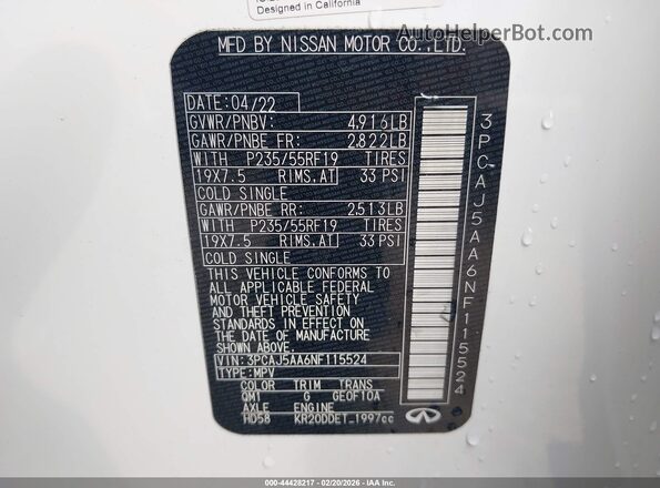 3PCAJ5AA6NF115524 2022 INFINITI QX50 Белый Вид подкапотного пространства