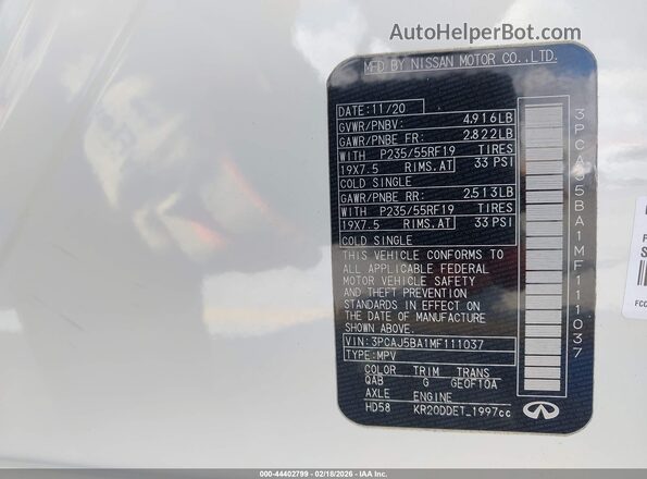 3PCAJ5BA1MF111037 2021 INFINITI QX50 White Вид підкапотного простору