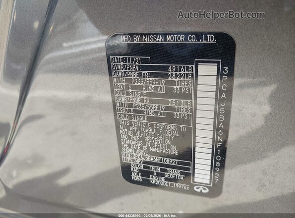 3PCAJ5BA6NF108927 2022 INFINITI QX50 Gray Engine compartment view
