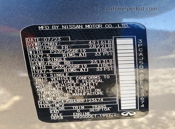 3PCAJ5BA8PF123674 2023 INFINITI QX50 Серый Вид наклейки с VIN-кодом