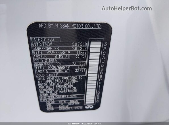 3PCAJ5BB8PF110593 2023 INFINITI QX50 White Вид підкапотного простору
