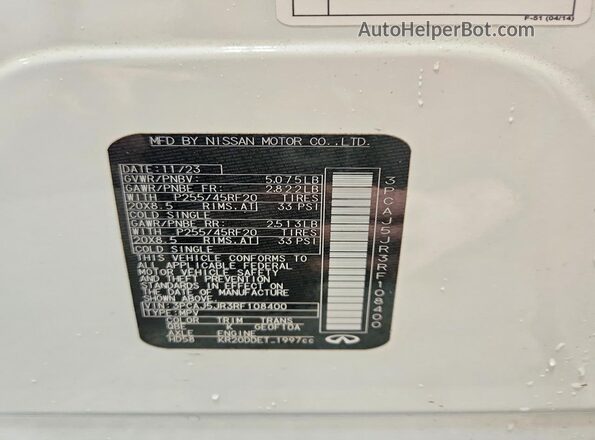 3PCAJ5JR3RF108400 2024 INFINITI QX55 White Widok wnętrza 360 stopni