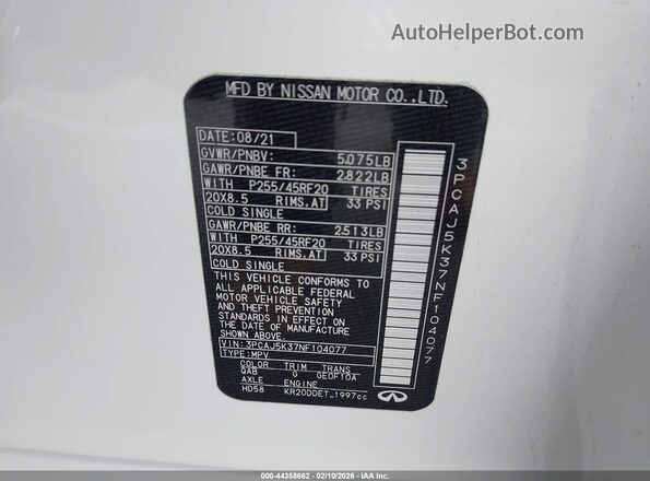 3PCAJ5K37NF104077 2022 INFINITI QX55 White Widok komory silnika