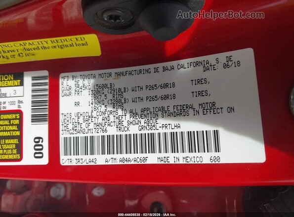 3TMGZ5AN2JM172766 2018 TOYOTA LIMITED Red Vista del compartimento del motor