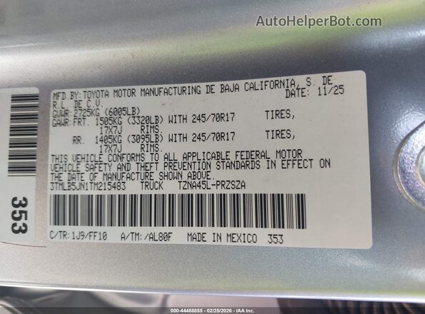 3TMLB5JN1TM215483 2026 TOYOTA TACOMA Серебряный Вид подкапотного пространства