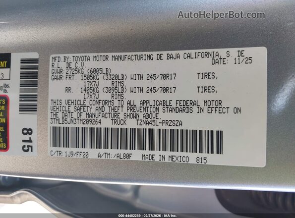 3TMLB5JN3TM209264 2026 TOYOTA TACOMA Silver Engine compartment view