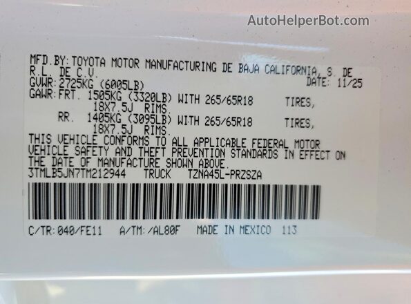 3TMLB5JN7TM212944 2026 TOYOTA LE Белый Вид наклейки с VIN-кодом