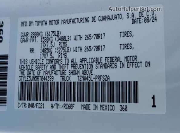 3TYLE5JN5RT044399 2024 TOYOTA LE White VIN კოდის სტიკერის ხედი
