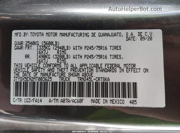 3TYSX5EN2MT003625 2021 TOYOTA TACOMA Gray Widok komory silnika