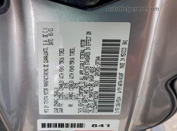 3TYSZ5AN4MT022760 2021 TOYOTA TACOMA Silver Vista de la etiqueta del VIN