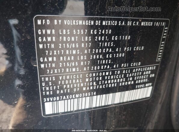 3VV0B7AX0KM036514 2019 VOLKSWAGEN TIGUAN Black Widok komory silnika
