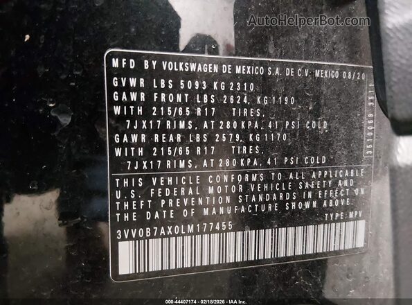 3VV0B7AX0LM177455 2020 VOLKSWAGEN TIGUAN Black Widok komory silnika