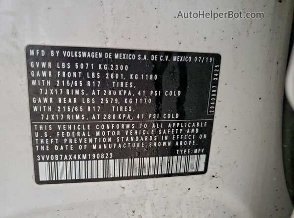 3VV0B7AX4KM190823 2019 VOLKSWAGEN TIGUAN Белый Вид наклейки с VIN-кодом