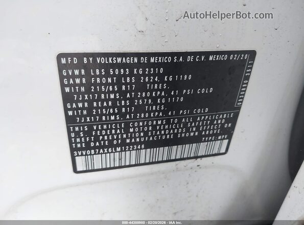 3VV0B7AX6LM122346 2020 VOLKSWAGEN TIGUAN Белый Вид подкапотного пространства