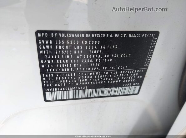 3VV1B7AX0LM015636 2020 VOLKSWAGEN TIGUAN Белый Вид подкапотного пространства