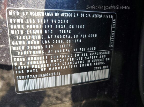 3VV1B7AX1KM049812 2019 VOLKSWAGEN TIGUAN Черный Вид наклейки с VIN-кодом