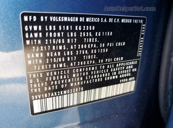 3VV1B7AX2KM022876 2019 VOLKSWAGEN TIGUAN Синий Вид наклейки с VIN-кодом