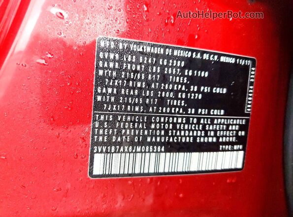 3VV1B7AX6JM085364 2018 VOLKSWAGEN TIGUAN Красный Вид наклейки с VIN-кодом