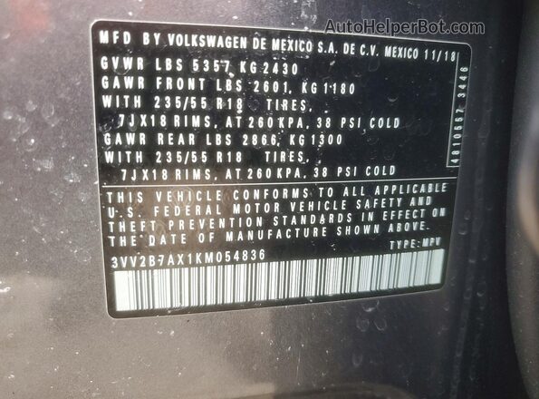 3VV2B7AX1KM054836 2019 VOLKSWAGEN TIGUAN Серый Вид наклейки с VIN-кодом