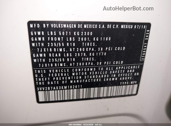 3VV2B7AX3KM182611 2019 VOLKSWAGEN TIGUAN Белый Вид подкапотного пространства