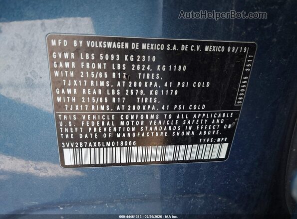 3VV2B7AX5LM018066 2020 VOLKSWAGEN TIGUAN Синий Вид подкапотного пространства