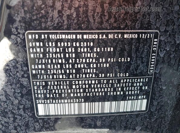 3VV2B7AX6NM043979 2022 VOLKSWAGEN TIGUAN Черный Вид наклейки с VIN-кодом