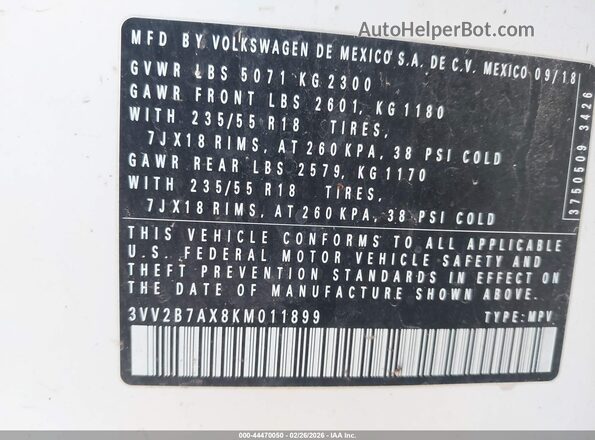 3VV2B7AX8KM011899 2019 VOLKSWAGEN TIGUAN White Engine compartment view